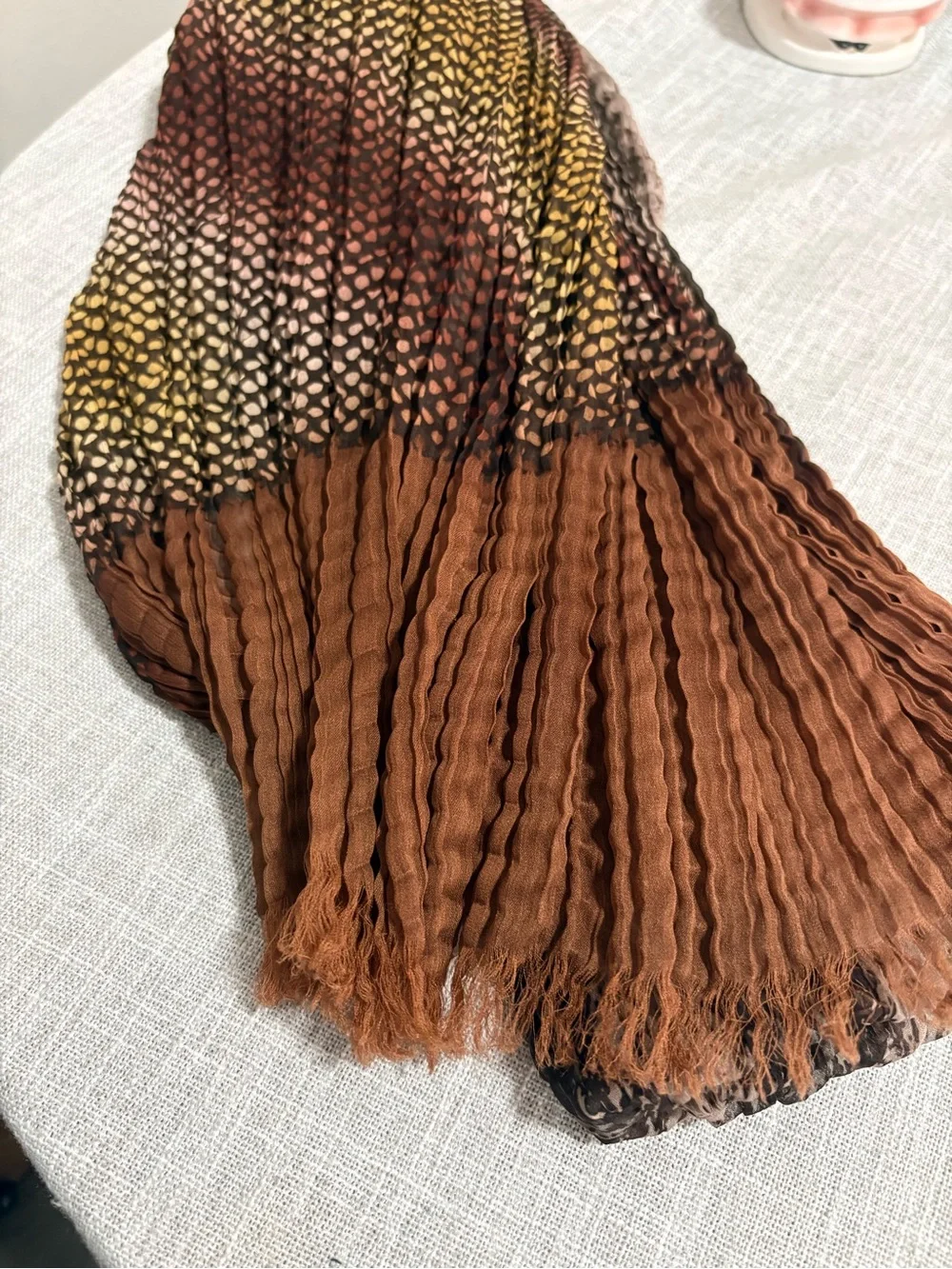 Woven Gradient Pleated Fringe Scarf or Wrap in Brown and Rust